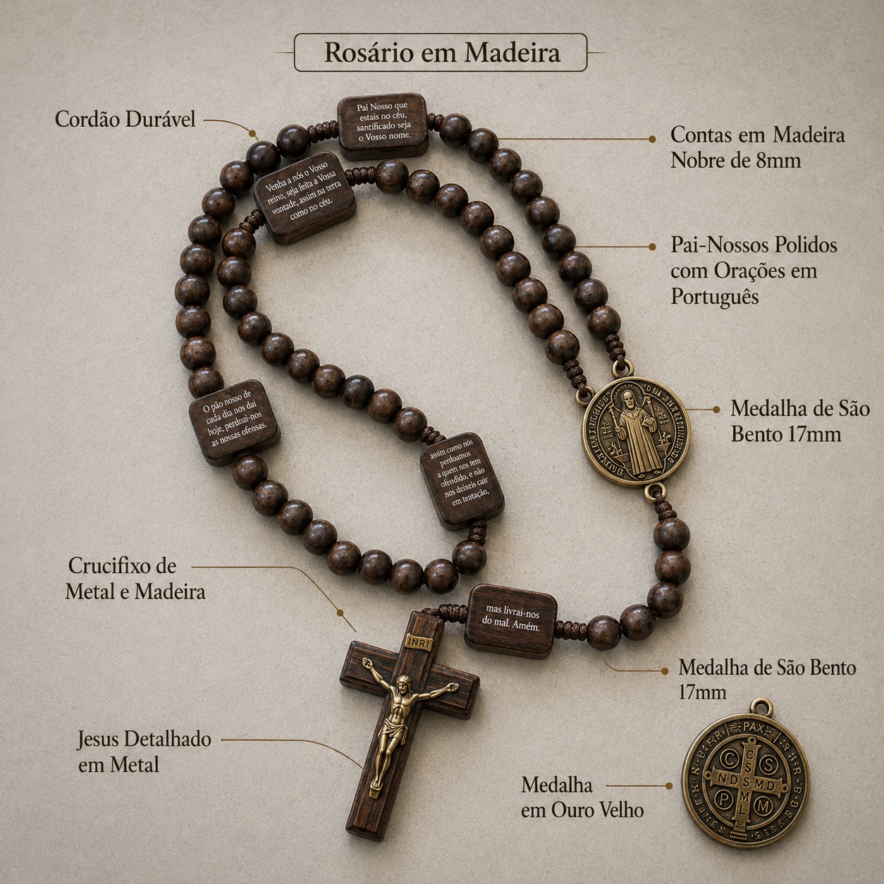 Rosário em Madeira com detalhes: cordão durável, contas de madeira nobre 8mm, Pai-Nossos polidos com orações, medalha de São Bento 17mm, crucifixo de metal e madeira